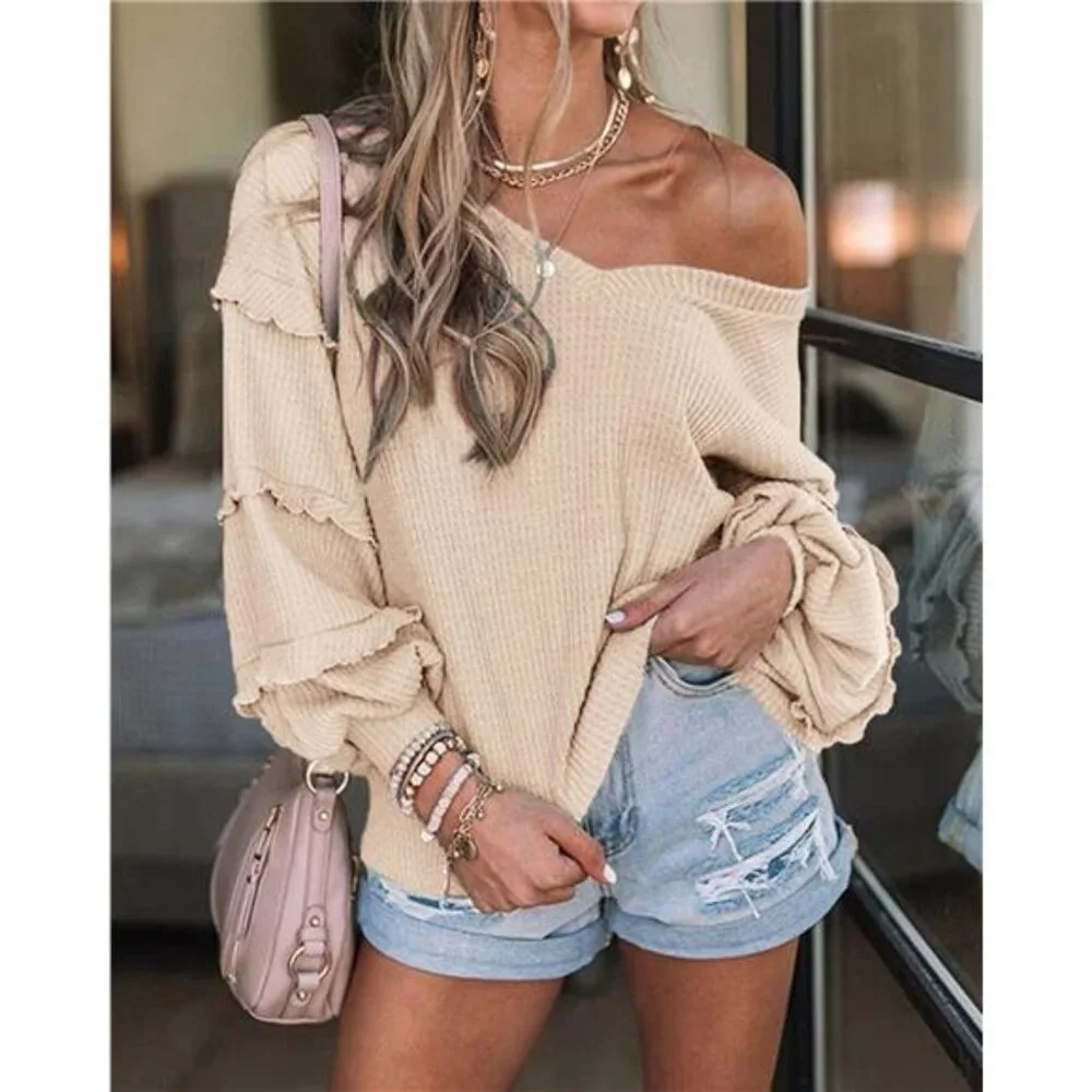 Women's V Neck Long Sleeve Blouse Solid Apricot - Picture 4 of 6